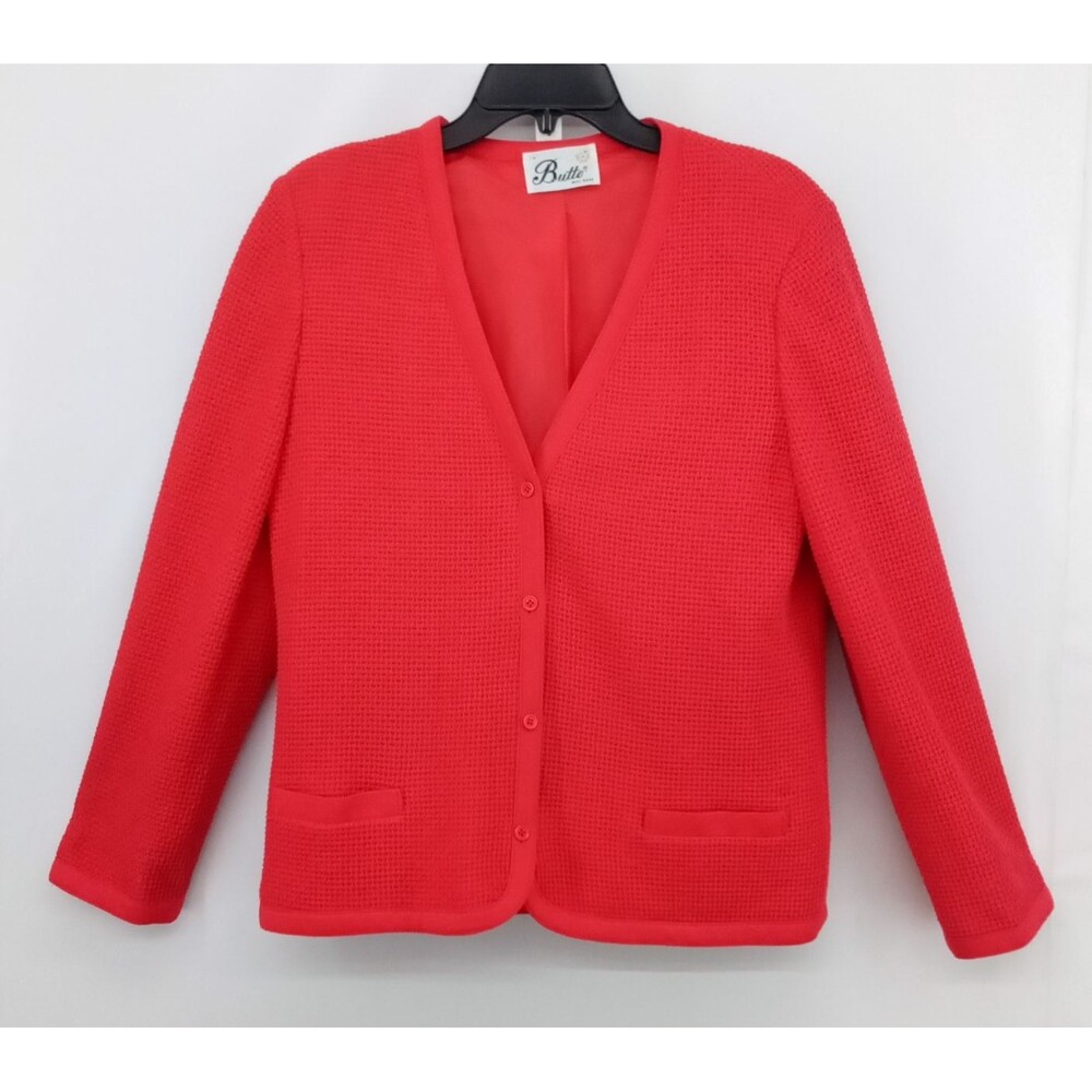 Butte Jacket Womens Large Red Long Sleeve Waffle Knit V Neck Button Up Blazer